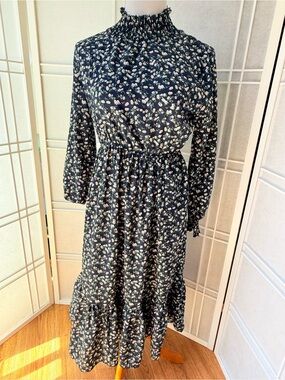 Smocked Neck Navy Floral Midi Dress